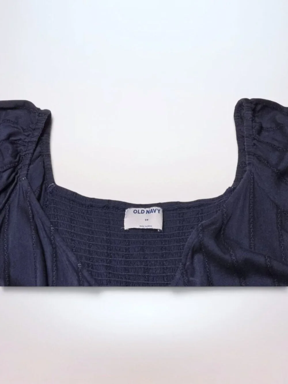 Old Navy Navy Blue Puff-Sleeve Smocked Dobby-Stripe Wrap Blouse (Size 3X)